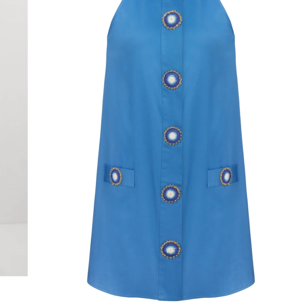 Gold Buttoned Blue Halter Mini Sundress - Picture 2 of 3